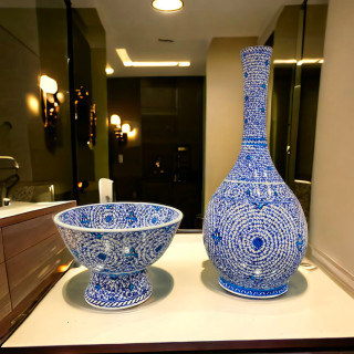 ハンドメイド イズニッククォーツ「ハリッチ文様」ティアドロップ花瓶＆スルタンボウル セット