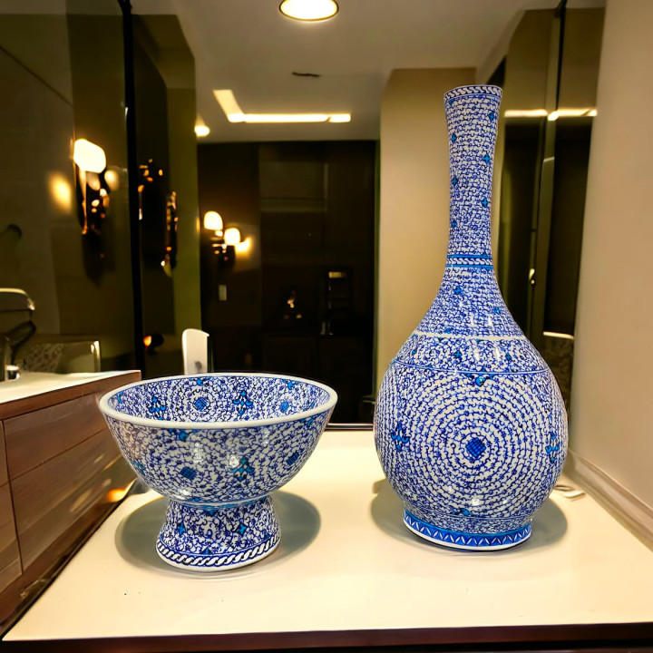 ハンドメイド イズニッククォーツ「ハリッチ文様」ティアドロップ花瓶＆スルタンボウル セット